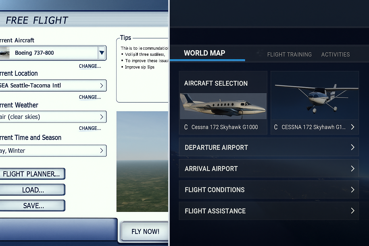 Split-screen comparison of flight simulator user interfaces, showing FSX’s classic layout versus MSFS2020’s modern, streamlined menu system.