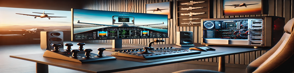 Flight simulator setup with high-tech PC and professional-grade accessories on a modern desk, ideal for virtual aviation enthusiasts.