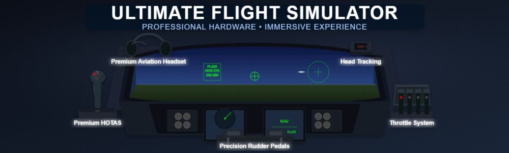 Header image of Ultimate Flight Simulator setup with professional hardware including aviation headset, HOTAS, head tracking, throttle system, and rudder pedals.